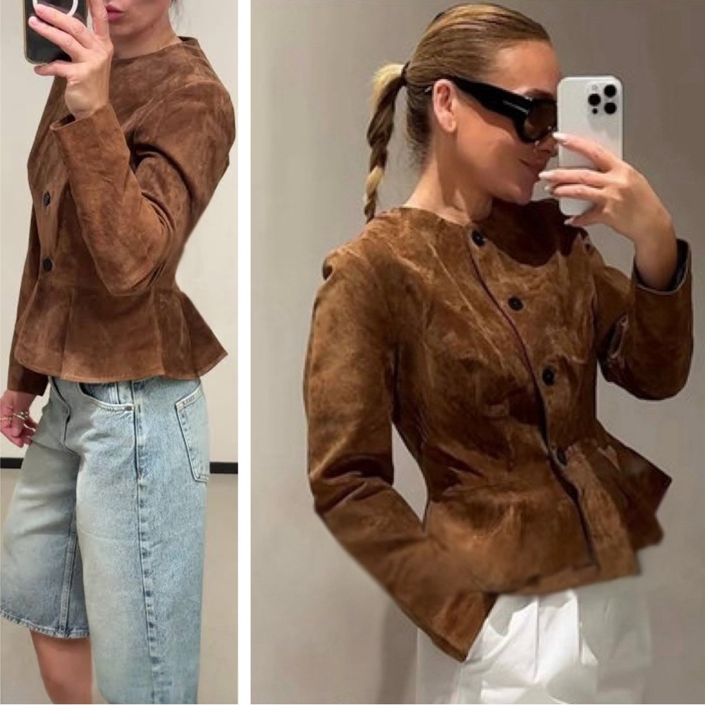 100% SUEDE LEATHER FLARED HEM JACKET - Picture 2 of 16
